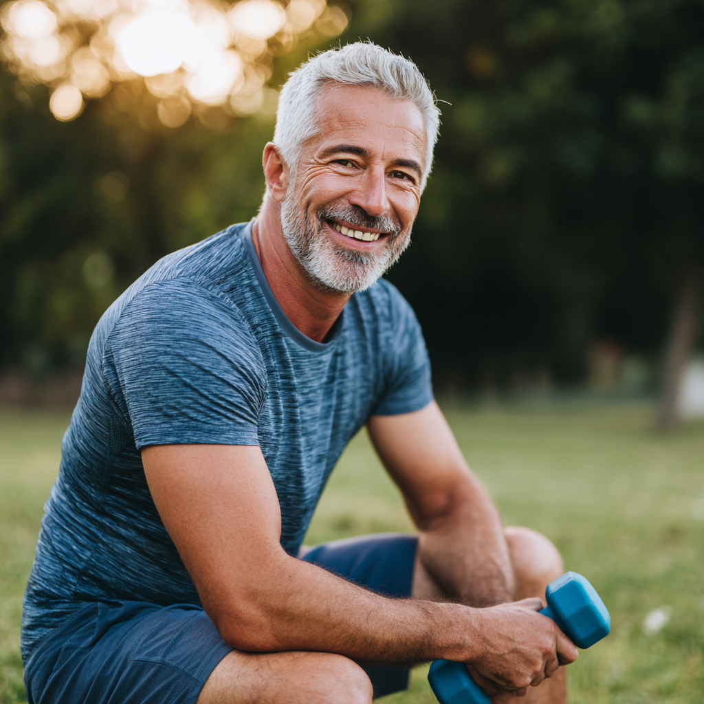 Middle-aged adult enjoying personalized fitness training in natural outdoor setting